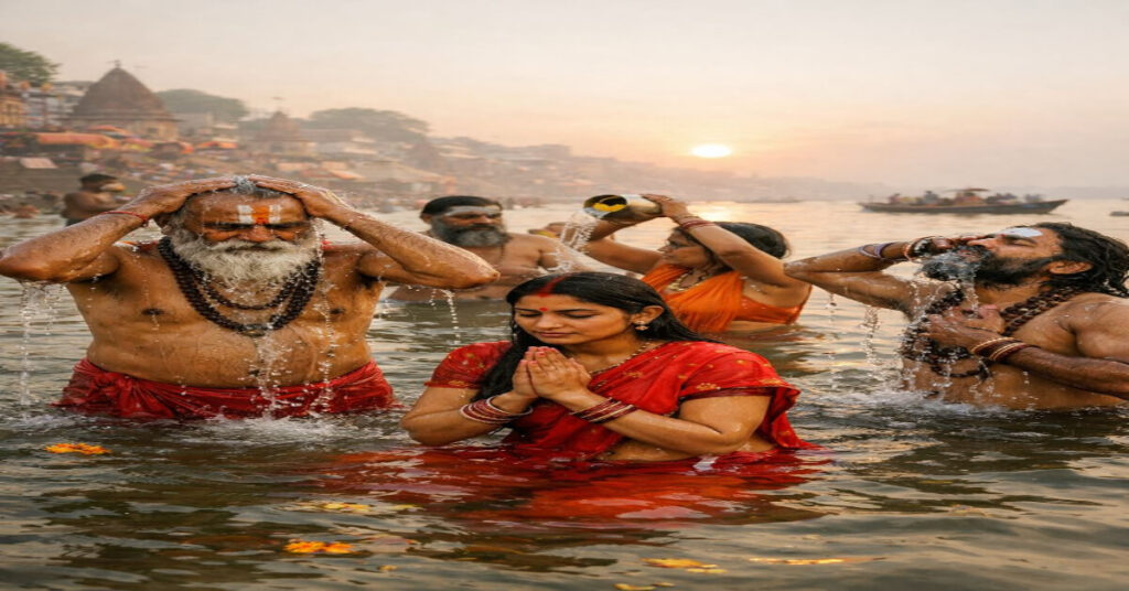 ಮಾಘಮಾಸದಲ್ಲಿ ಭಕ್ತರು ನದಿಯಲ್ಲಿ ಸ್ನಾನ ಮಾಡುತ್ತಿರುವುದು.